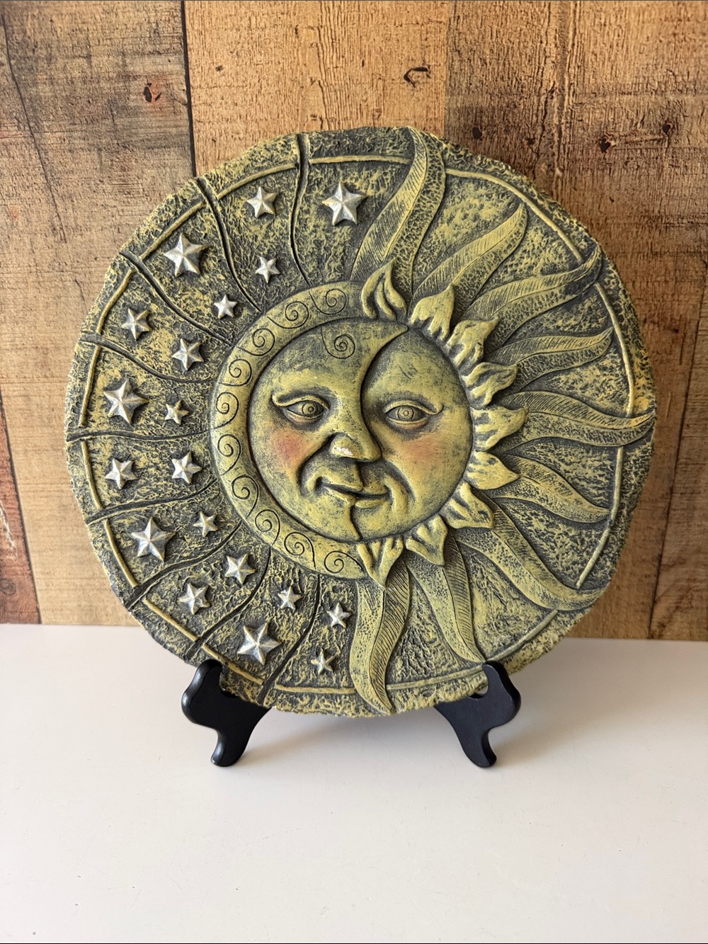 Celestial Sun and Moon Decorative Wall Plaque - Yellowed Gold Finish